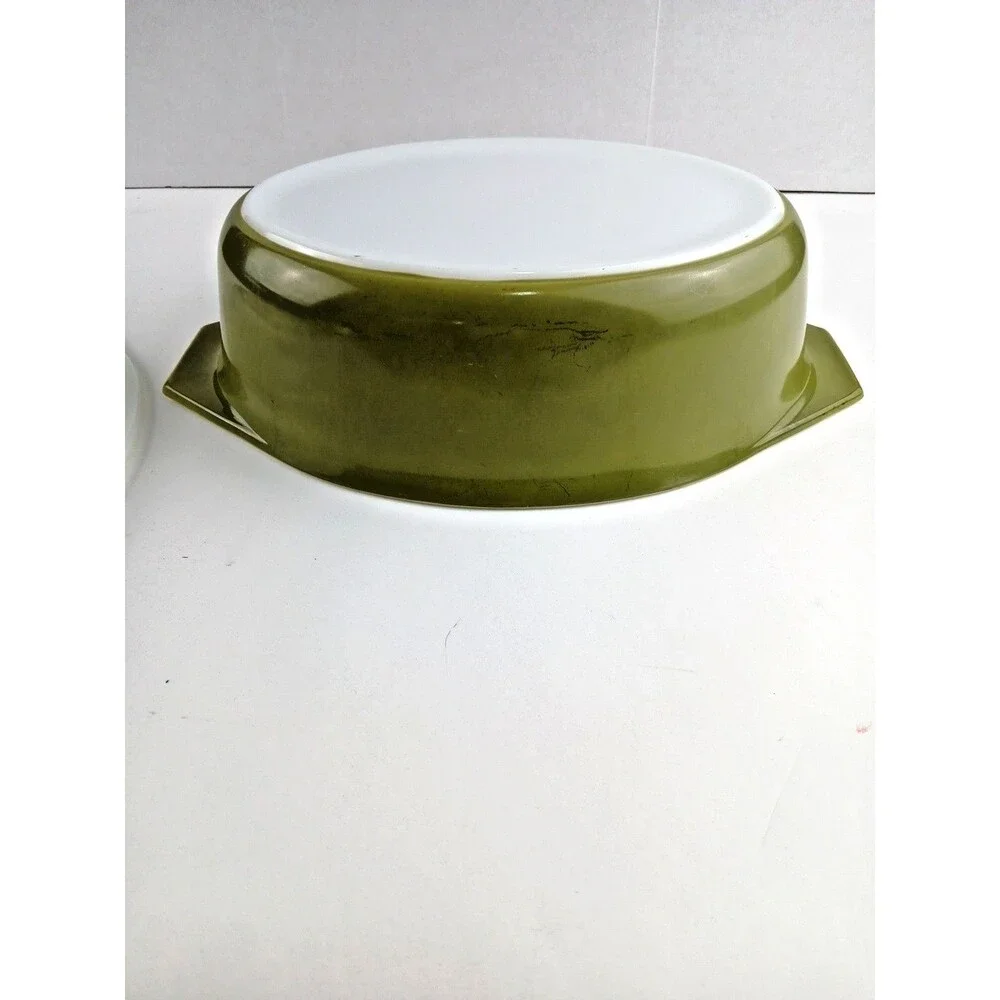 VTG Pyrex Verde Olive Green #045 2.5 Qt Oval Casserole Dish w 945-C Lid USA